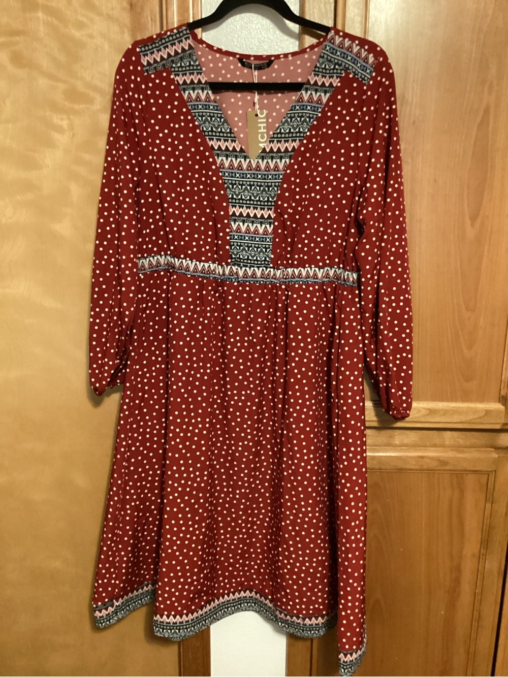 BloomChic Red Polka Dot V-Neck Dress with Aztec Trim, NWT, size 10